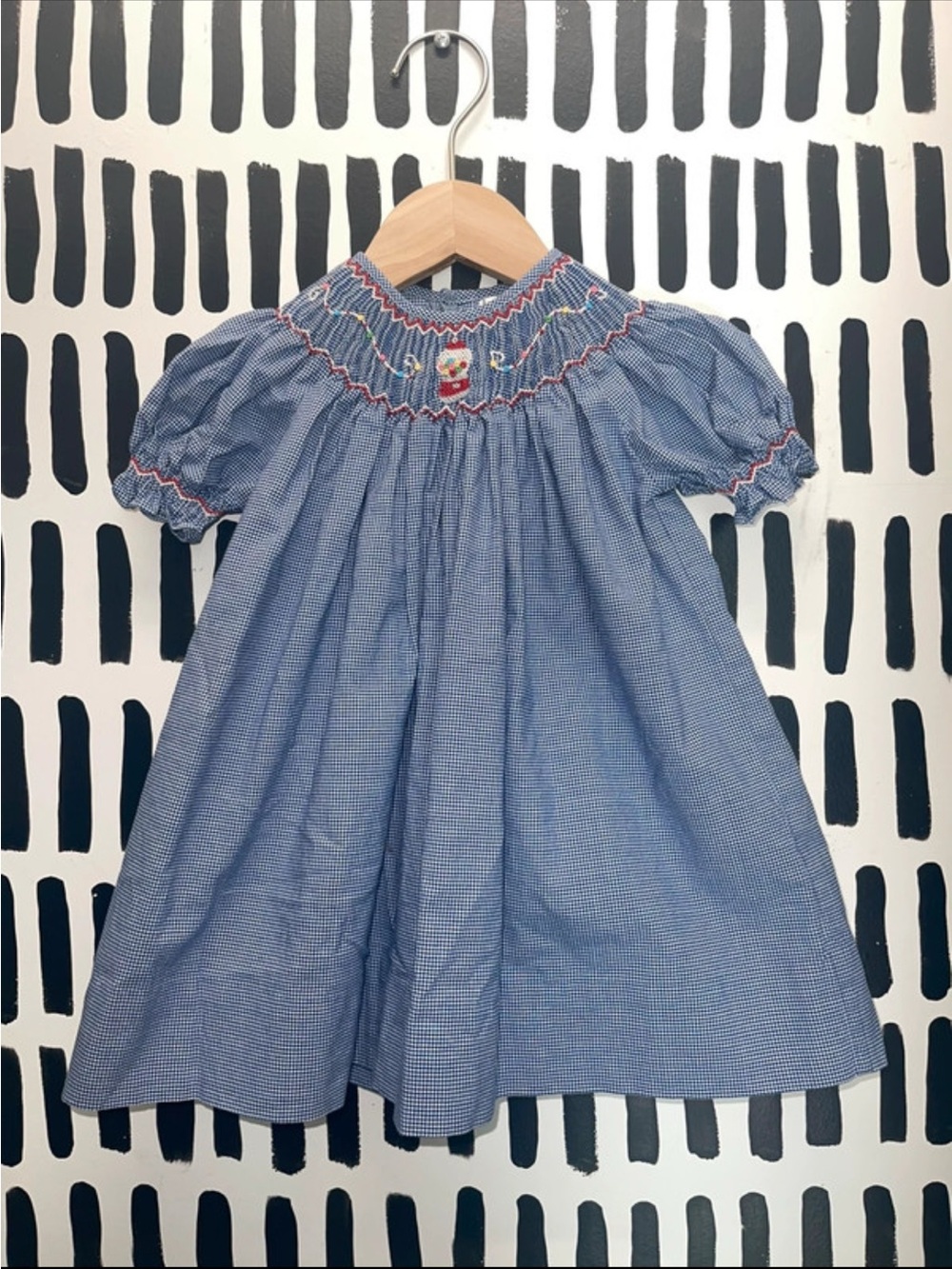 Petit Ami Blue Gingham Smocked Puff-Sleeve Dress with Red Trim